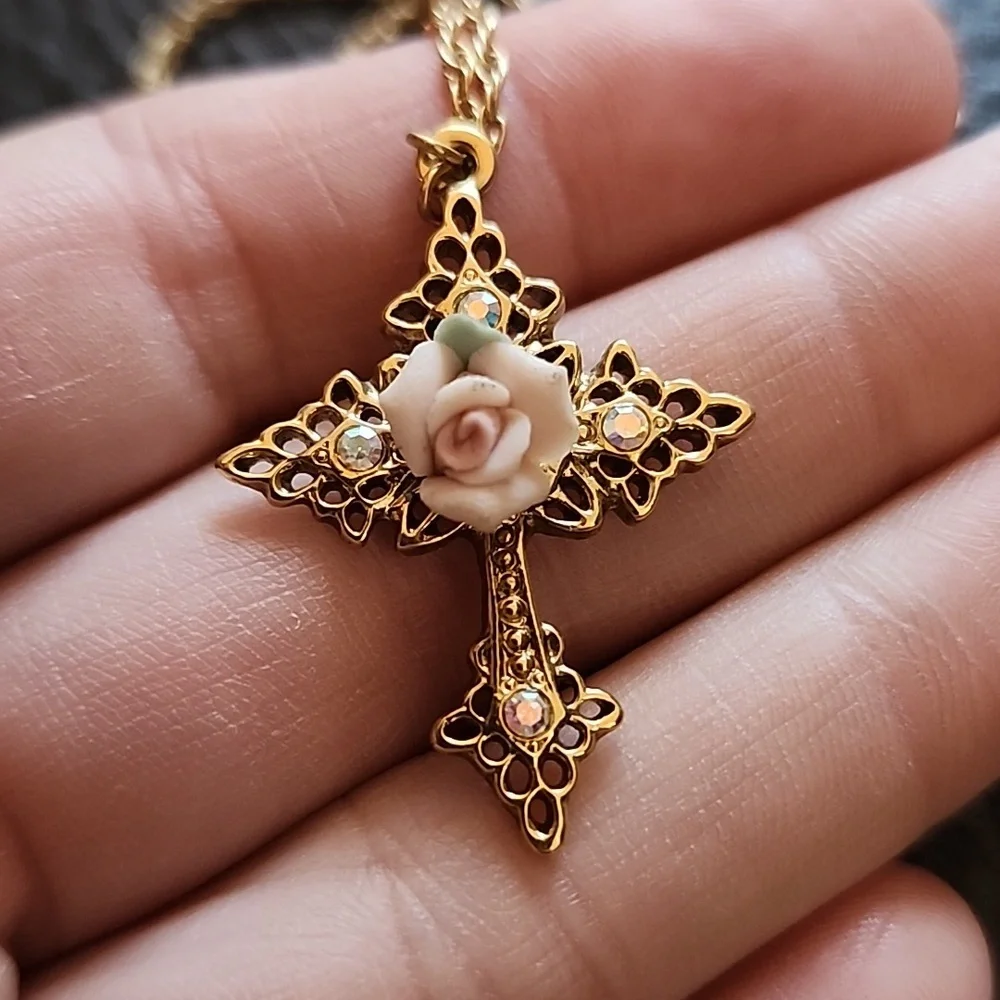 1928 Gold Necklace with Pink Rose Cross Pendant - Picture 5 of 10